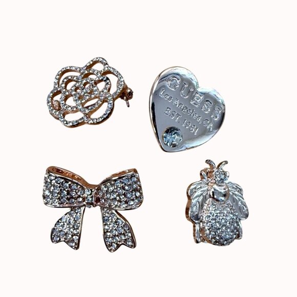 Guess Rhinestone Brooch Lot - Heart Bow Rose & Bee Designs - Rose Gold Tone - Picture 1 of 11